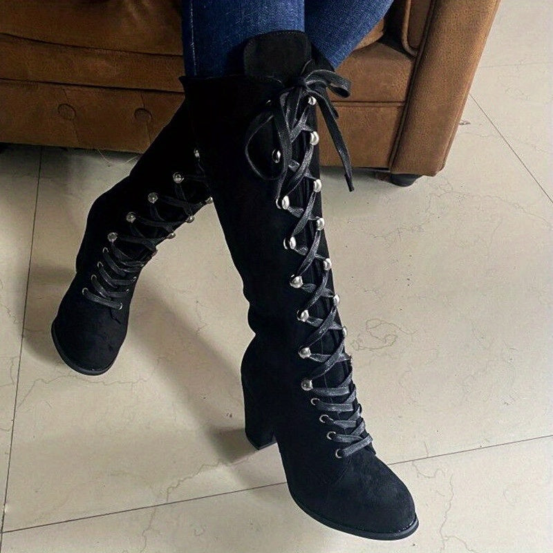 Saffron - Women's Stylish Knee High Lace-Up Boots