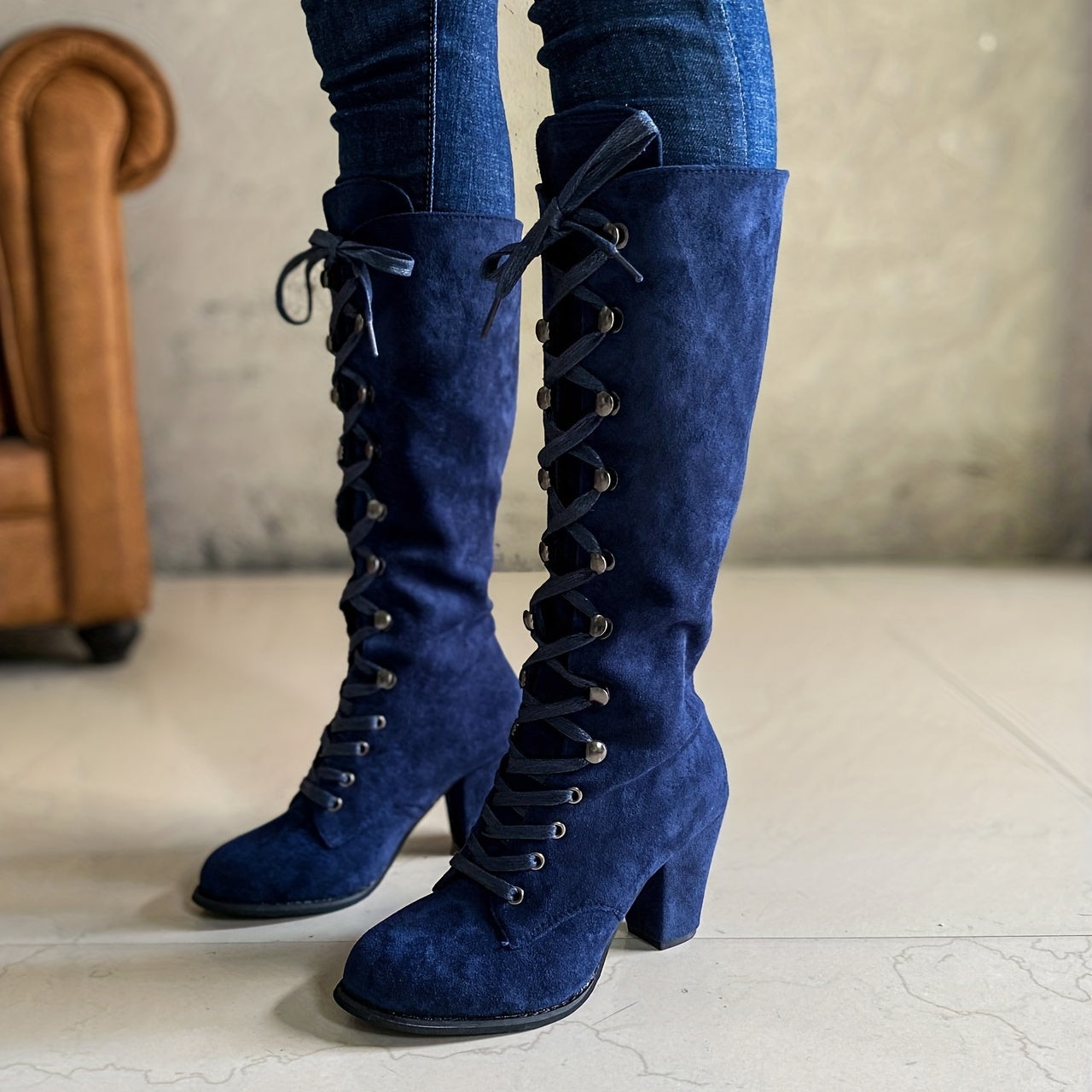 Saffron - Women's Stylish Knee High Lace-Up Boots