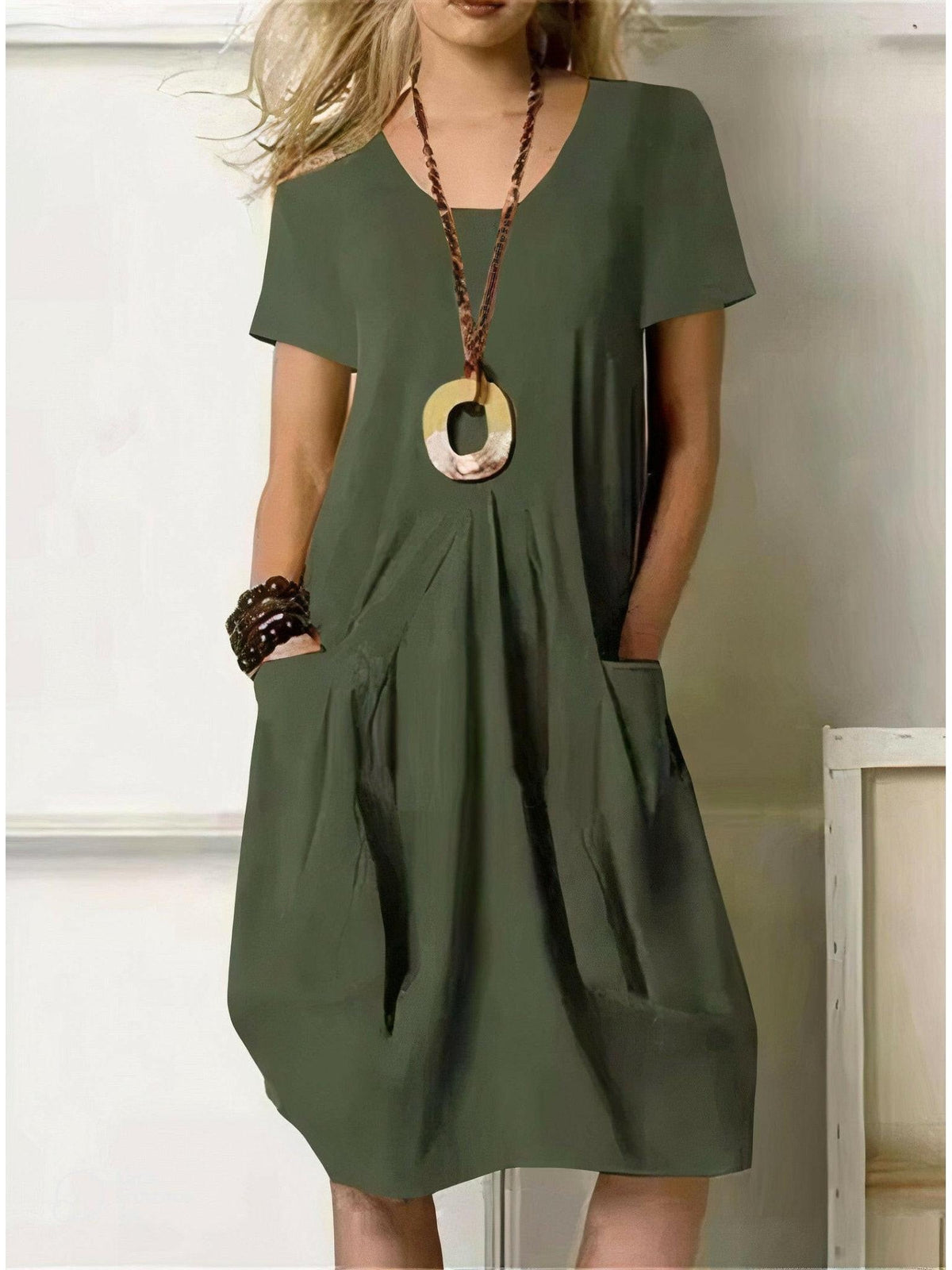 Shae - Women's Casual Pleated Midi Dress with Pockets