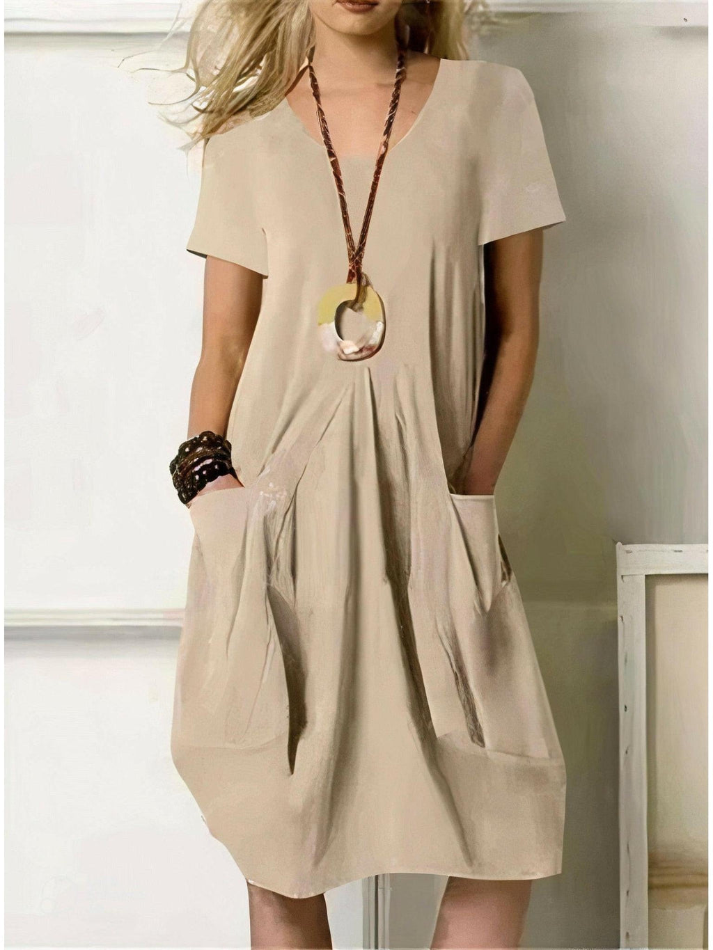 Shae - Women's Casual Pleated Midi Dress with Pockets
