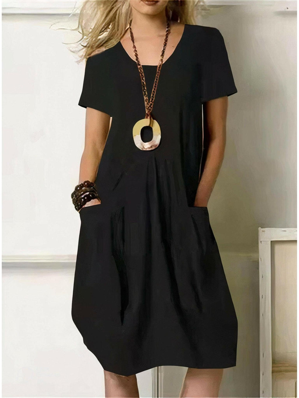 Shae - Women's Casual Pleated Midi Dress with Pockets