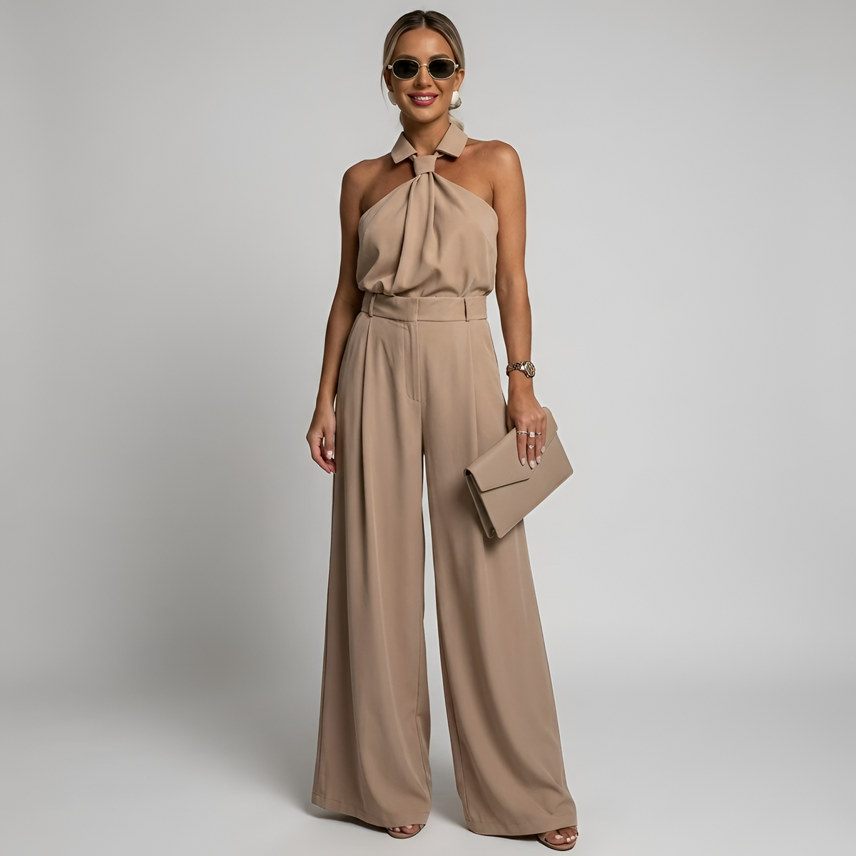 Sylvie - Women's Elegant Wide-Leg Halter Jumpsuit