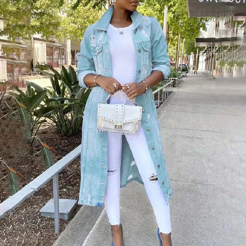 Tamsin - Women's Distressed Denim Trench Coat