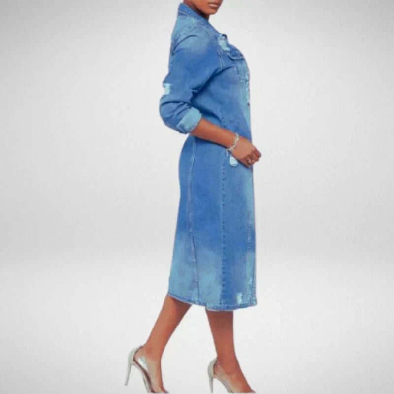 Tamsin - Women's Distressed Denim Trench Coat