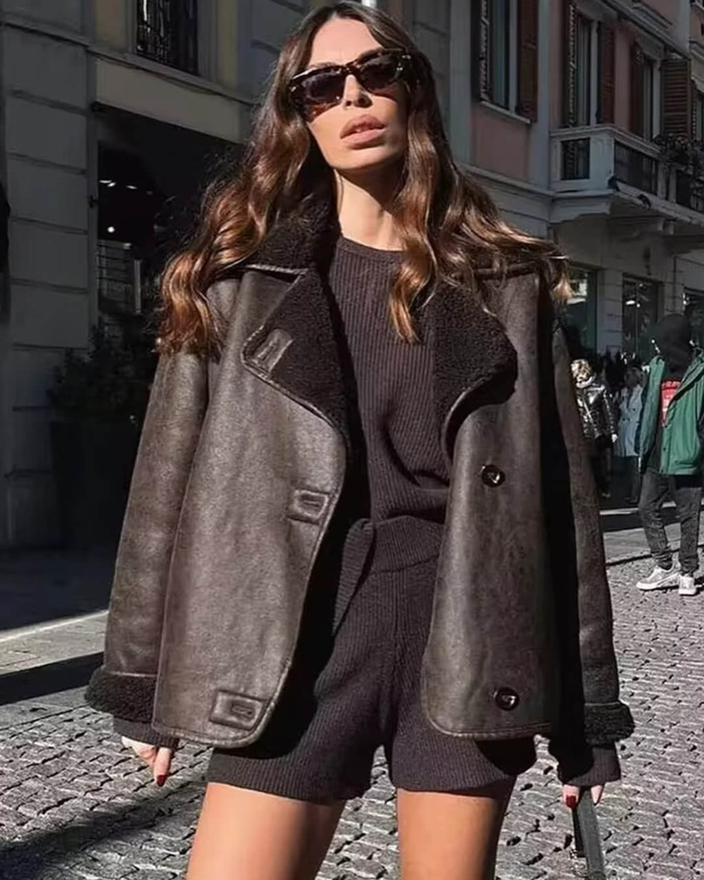 Tamsin - Women's Double-Breasted Faux Leather Jacket