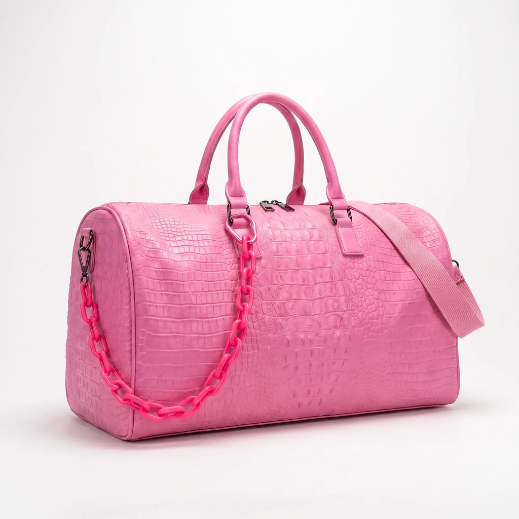Thalia - Women's Pink Croc-Effect Travel Bag