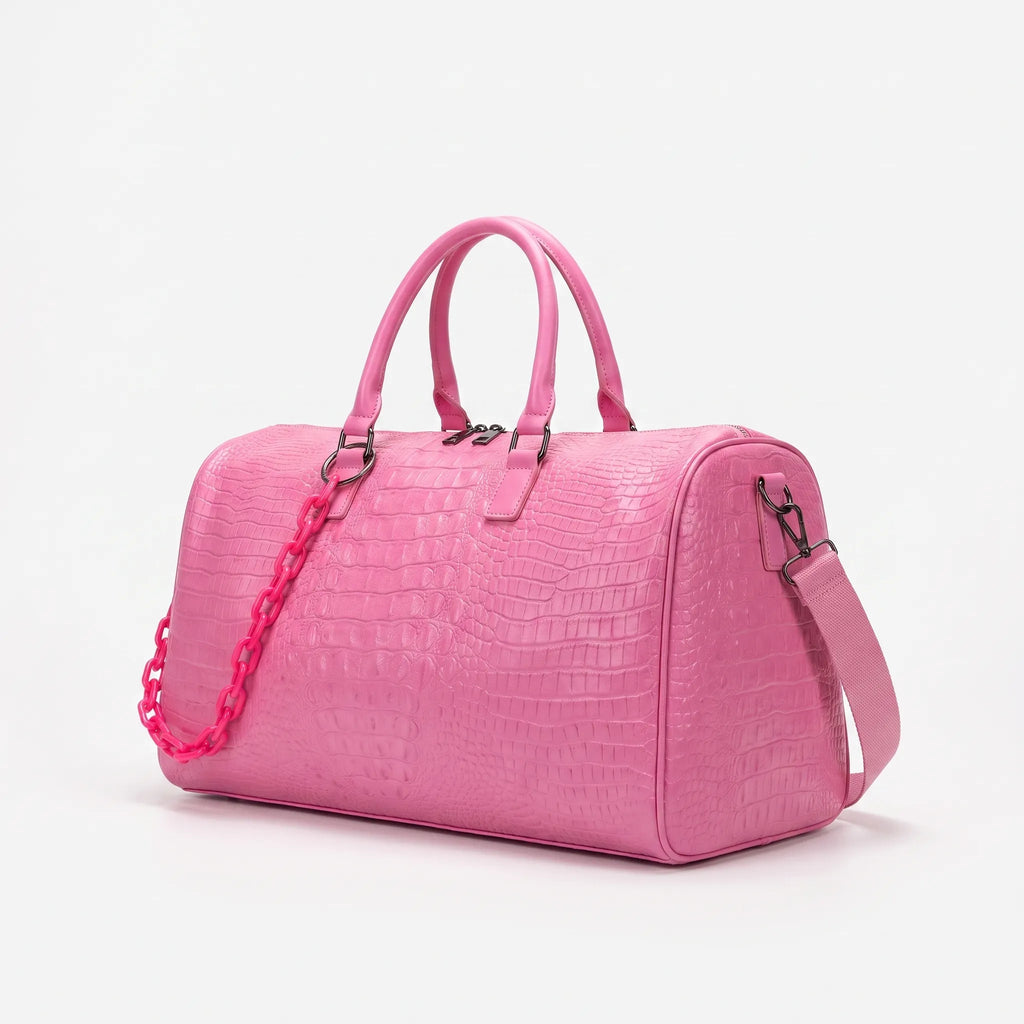 Thalia - Women's Pink Croc-Effect Travel Bag