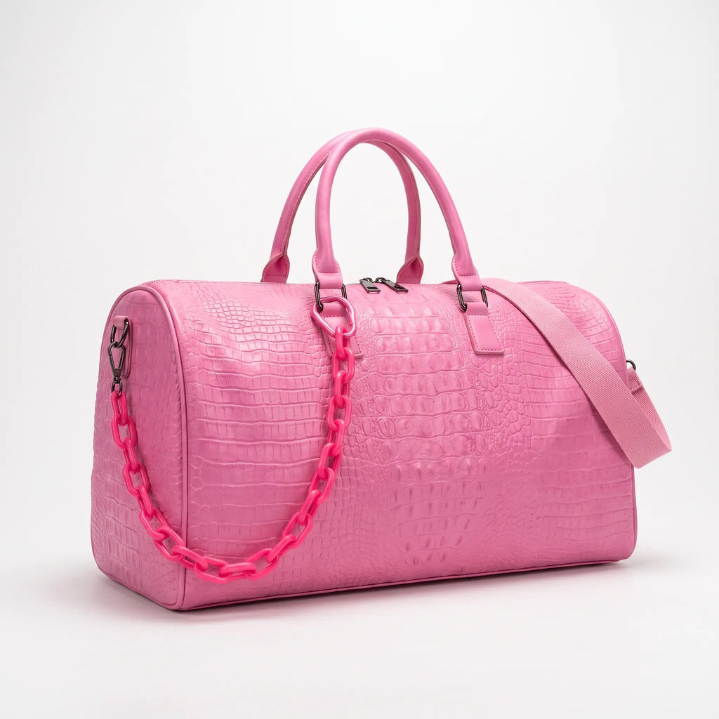 Thalia - Women's Pink Croc-Effect Travel Bag