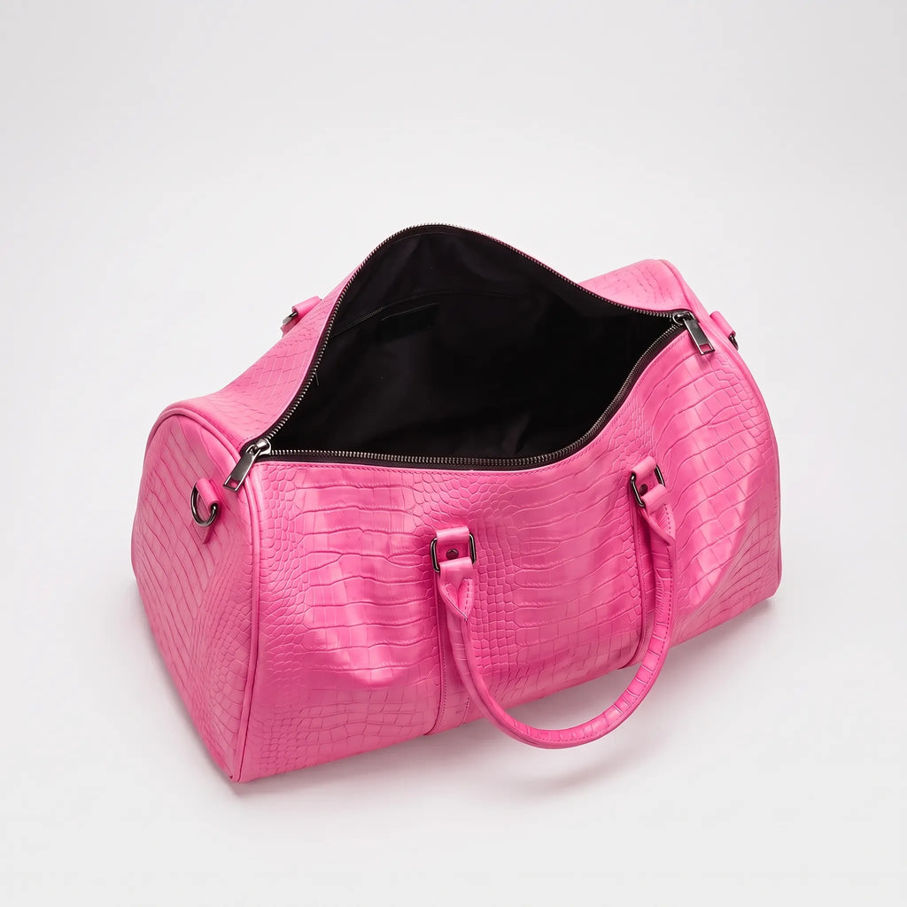 Thalia - Women's Pink Croc-Effect Travel Bag