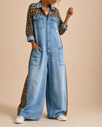 Therese | Women's Denim Jumpsuit with Leopard Print Detail
