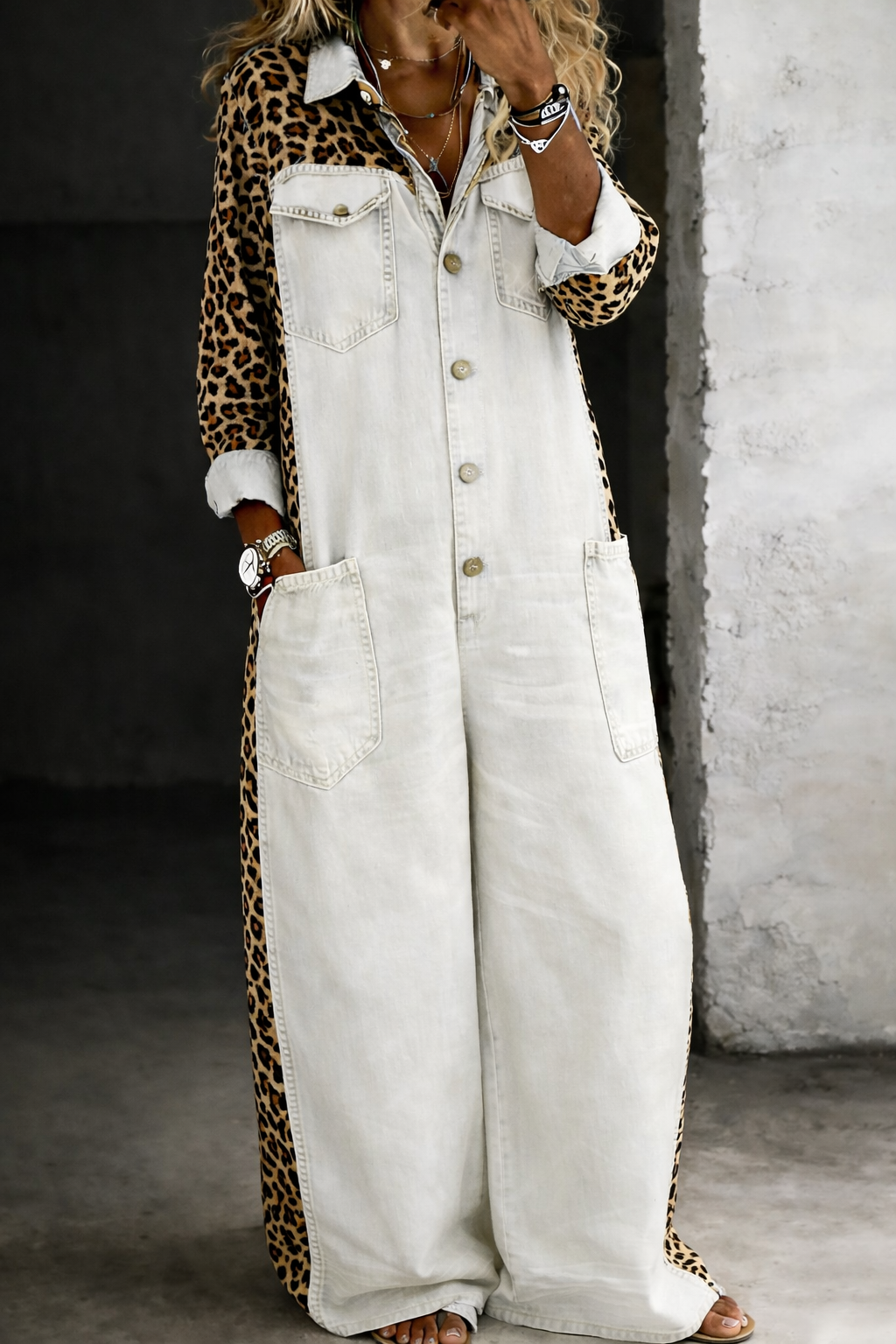 Therese - Women's Denim Jumpsuit with Leopard Print Detail