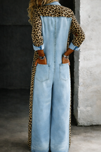 Therese - Women's Denim Jumpsuit with Leopard Print Detail