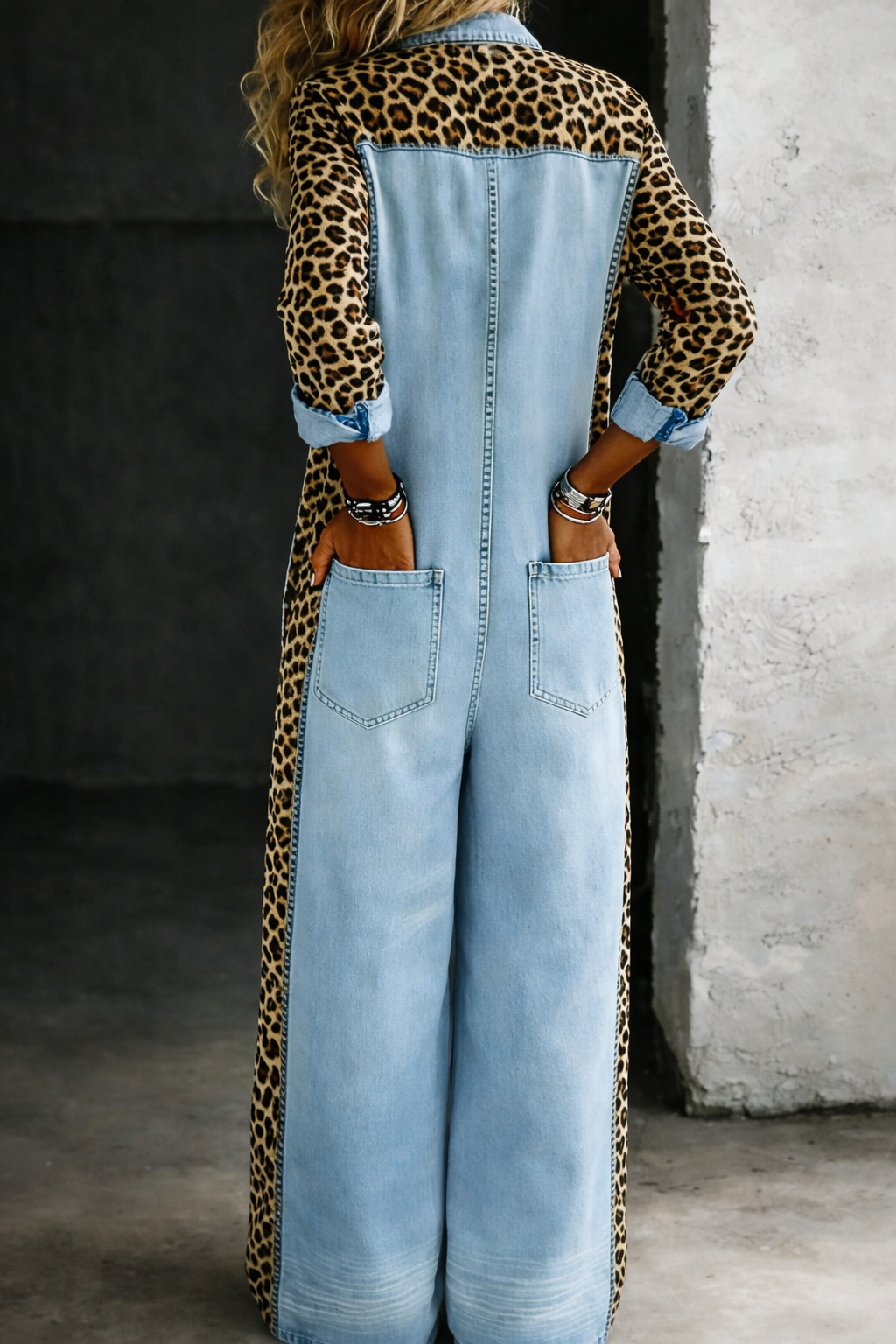 Therese - Women's Denim Jumpsuit with Leopard Print Detail