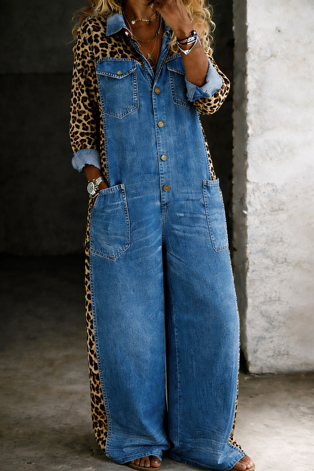 Therese - Women's Denim Jumpsuit with Leopard Print Detail