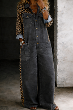 Therese - Women's Denim Jumpsuit with Leopard Print Detail
