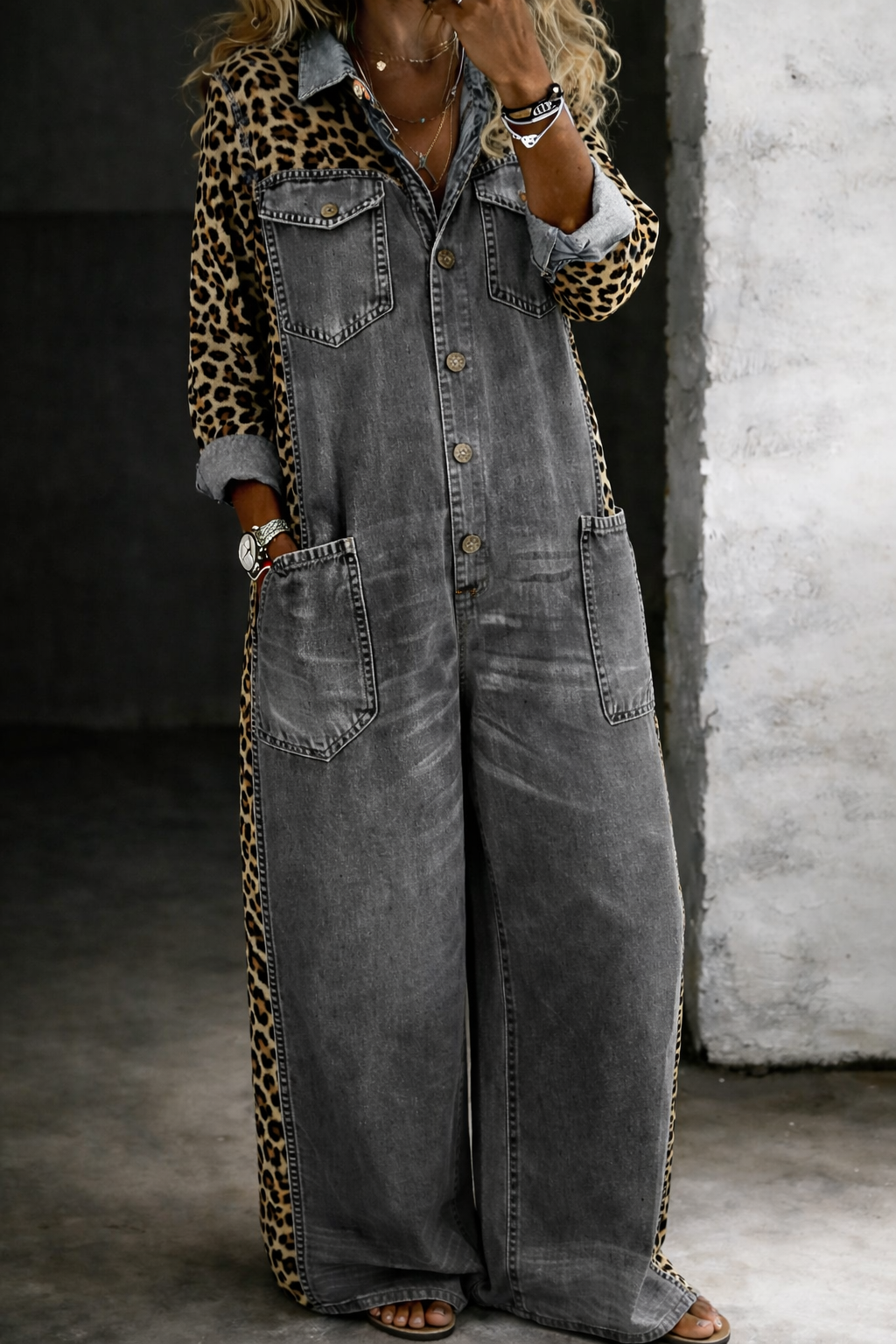 Therese - Women's Denim Jumpsuit with Leopard Print Detail