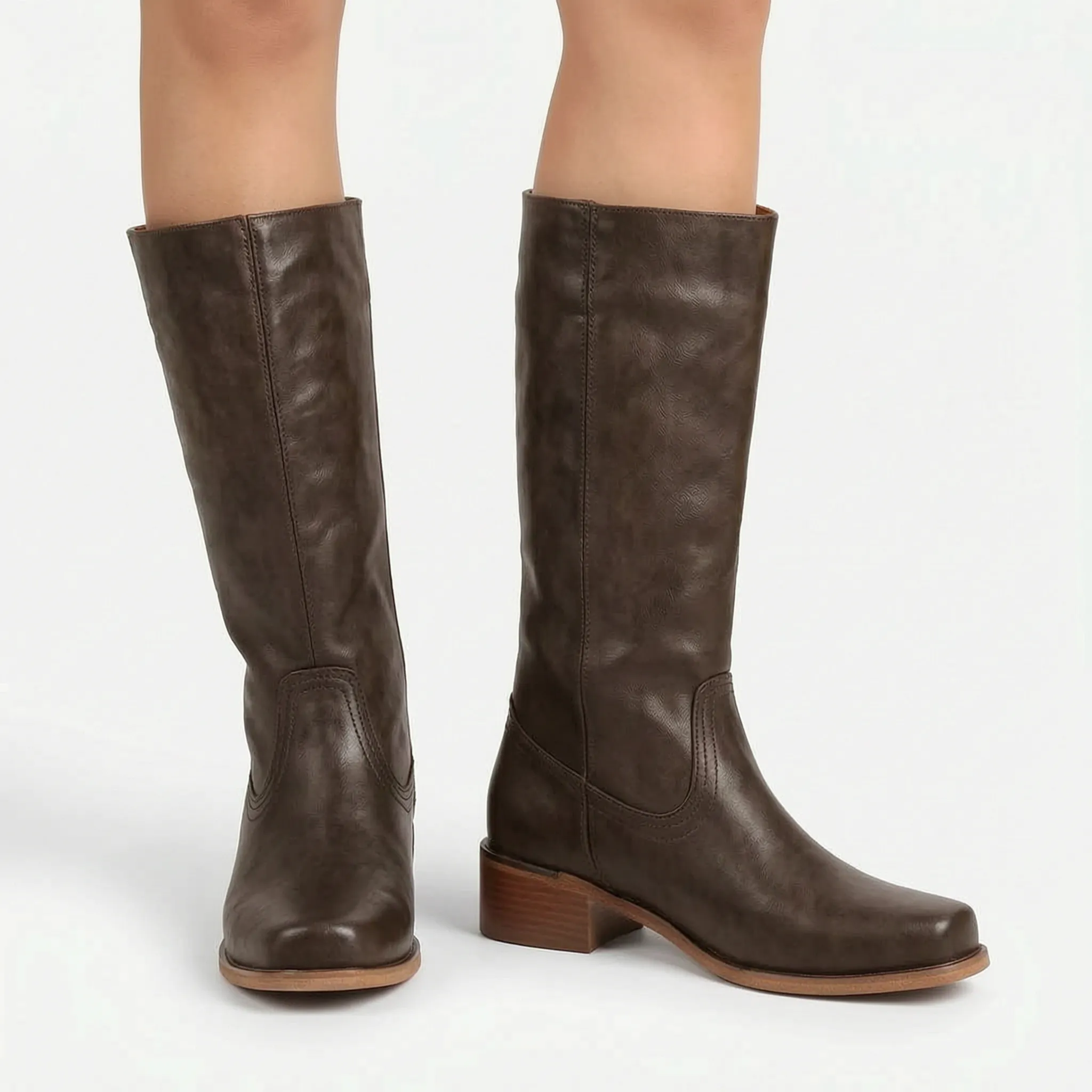 Velvea - Tan Knee High Boots With Block Heel