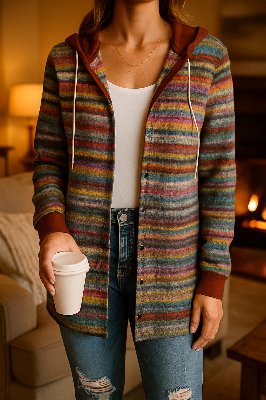 Wren - Women's Colourful Button-Up Cardigan with Hood