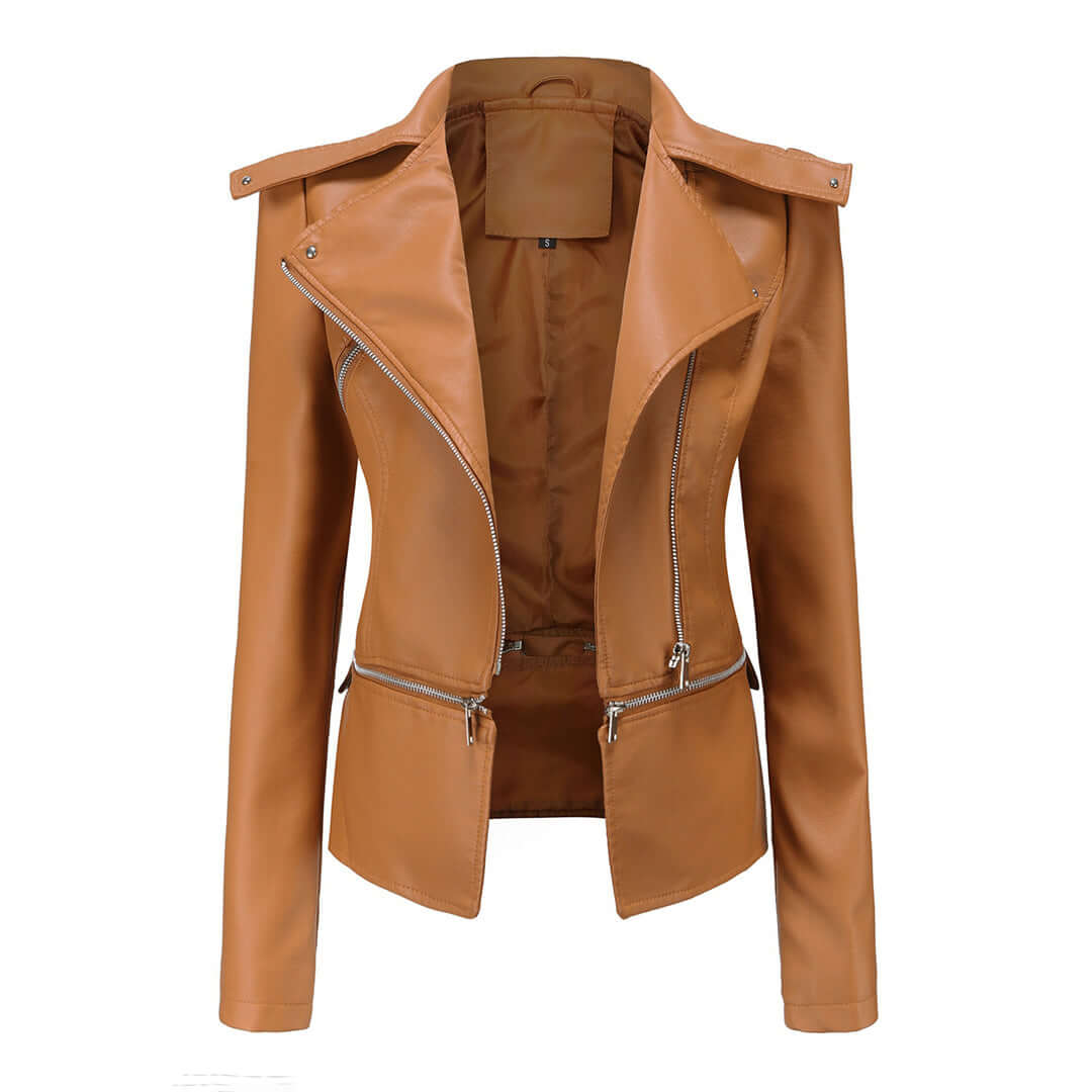 Zaria - Women's Chic Leather Jacket with Double Zip Detail
