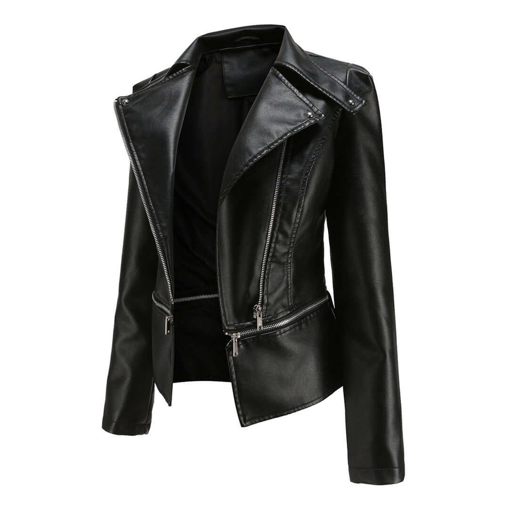 Zaria - Women's Chic Leather Jacket with Double Zip Detail